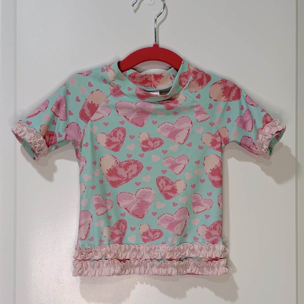 Ruffle Butts Toddler Hearts Short Sleeve Rash Guard 2T